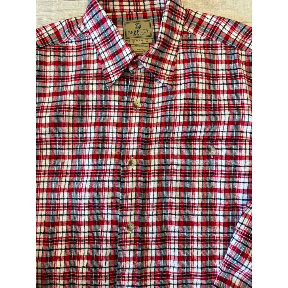 Beretta Mens Plaid Button Down Shirt Red White Black Long Sleeve Size Medium